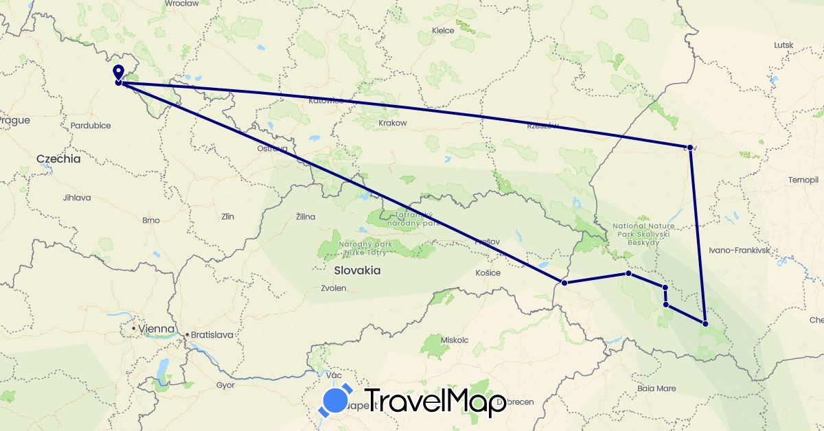 TravelMap itinerary: driving in Czech Republic, Ukraine (Europe)